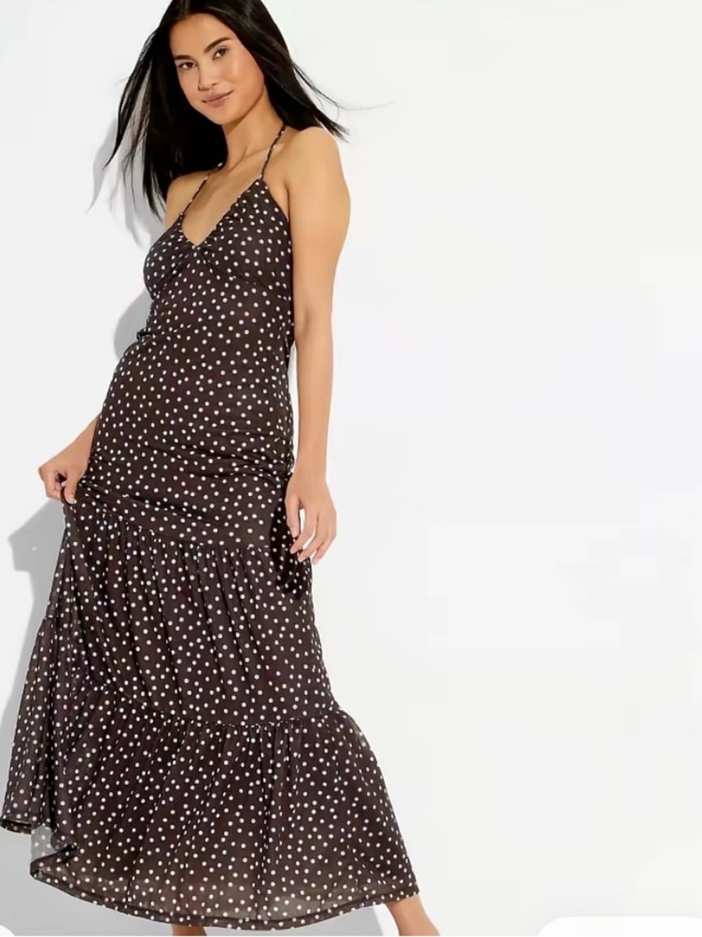 NWT | WILD FABLE BROWN&BLUE POLKA DOT HALTER MAXI DRESS | SIZE SMALL